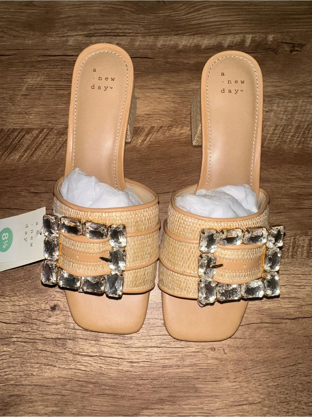 a new day Beige Woven Block Heel Mules with Crystal Buckles - Picture 4 of 8